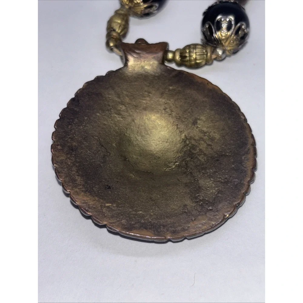 Vintage Tribal Style Bronze Metal Floral Pendent  Beaded Necklace